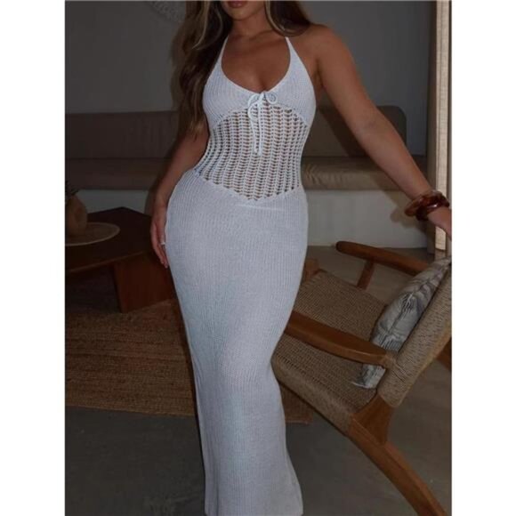 Openwork Halter Neck Sweater Maxi Dress - Picture 3 of 5